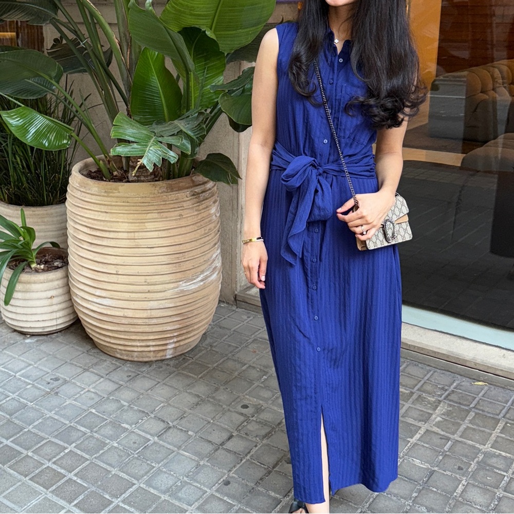 Mango Deep Blue Midi Dress with Waist Tie